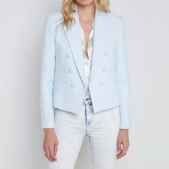 L'AGENCE Brooke Double Breasted Tweed Blazer Jacket Coat Light Blue size 18 WS